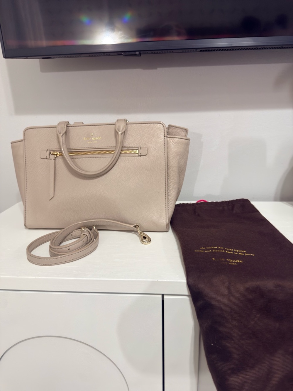 kate spade Pebbled Leather Satchel in Taupe with Gold Hardware